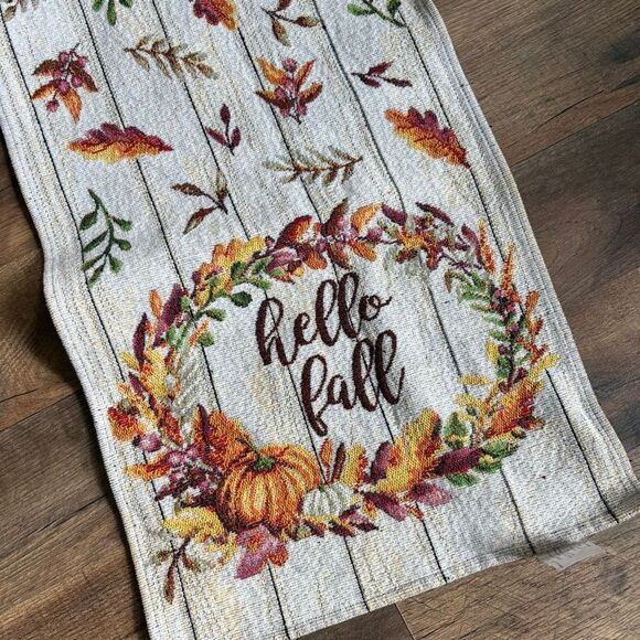 Hello Fall Autumn Table Runner Tapestry Fabric 12x64 great pre-used condition - Picture 3 of 13